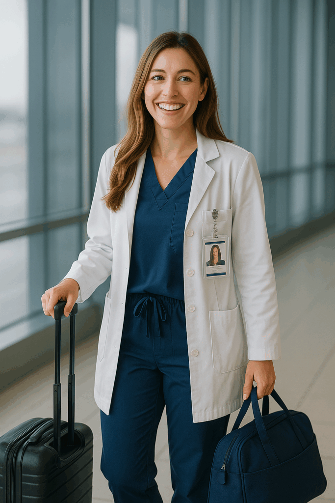 Smiling female healthcare professional in scrubs walking through an airport with rolling luggage, representing travel healthcare career opportunities.
