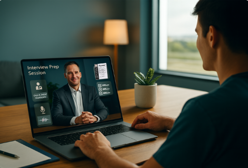A professional recruiter provides virtual interview and resume coaching to a healthcare professional during an online career prep session.
