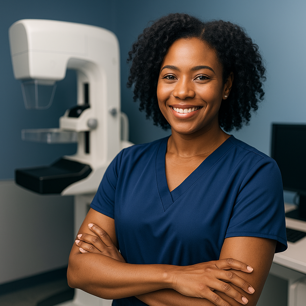 A smiling African American mammography technologist wearing navy scrubs stands confidently in a clinical imaging room beside a mammography machine.