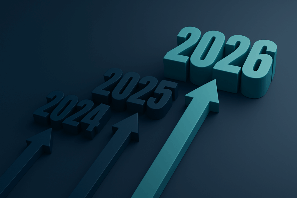 3D upward arrows from 2024 to 2026 representing rising demand and job market growth for mammography technologists.
