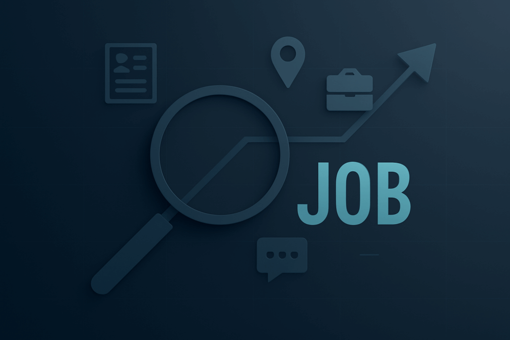 Minimalist navy job search graphic with a magnifying glass, upward arrow, and abstract job icons representing career advancement.
