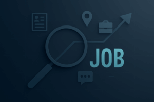 Minimalist navy job search graphic with a magnifying glass, upward arrow, and abstract job icons representing career advancement.
