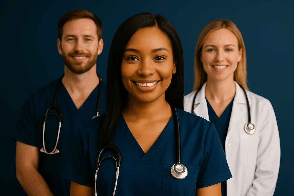 Smiling group of diverse healthcare professionals standing together in navy scrubs and a white lab coat against a deep blue background.