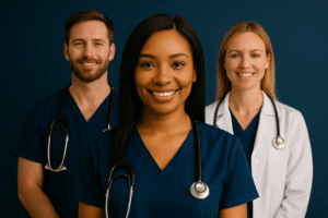 Smiling group of diverse healthcare professionals standing together in navy scrubs and a white lab coat against a deep blue background.