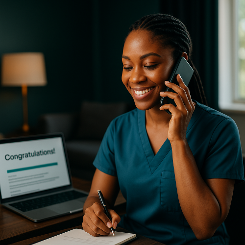An African American healthcare professional smiles while taking a phone call from a recruiter about a new job offer in a softly lit workspace.