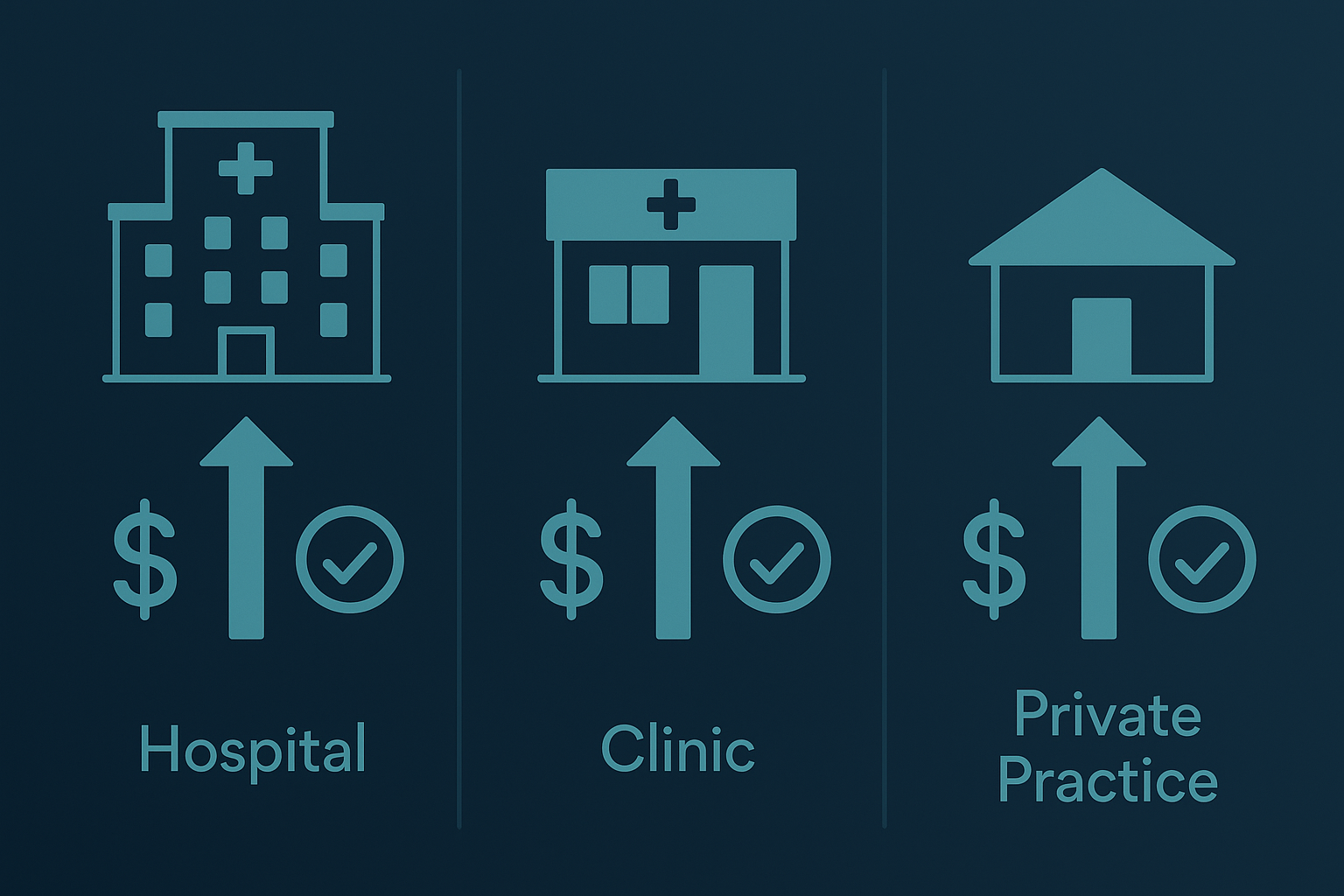 Infographic comparing mammography technologist salaries and benefits across hospitals, outpatient clinics, and private practices using clean teal icons on a navy background.