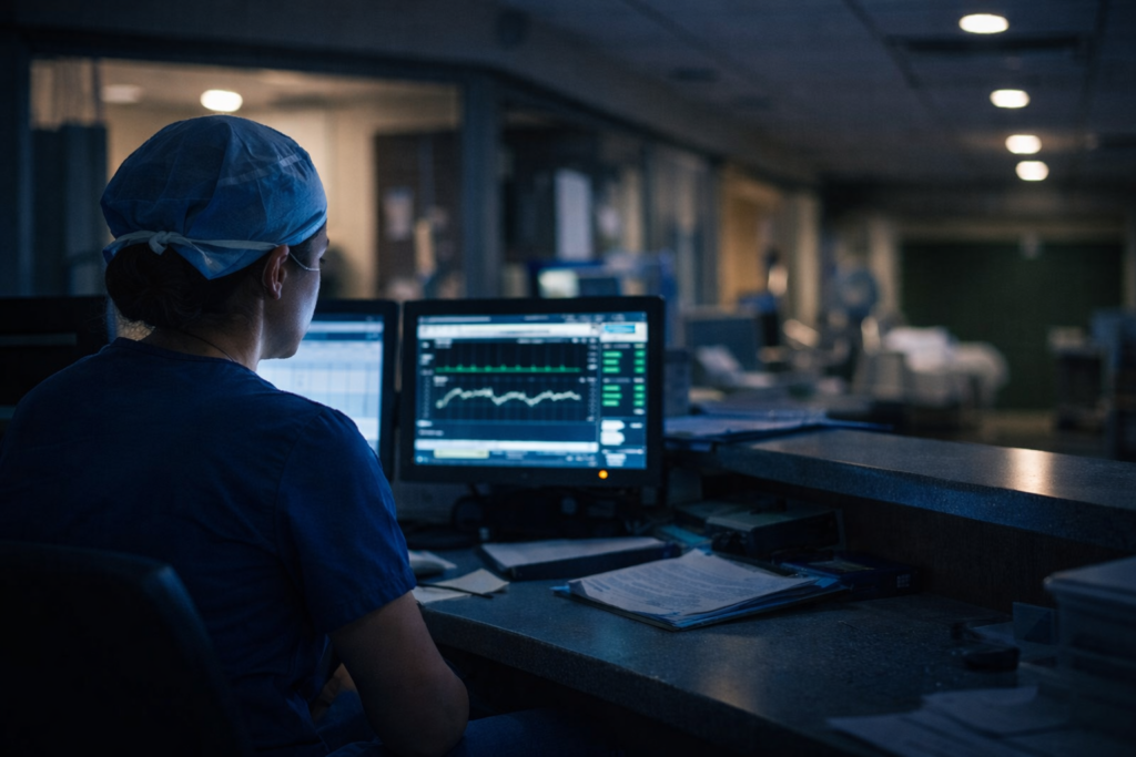Labor and delivery nurse working a high-acuity night shift in a hospital setting