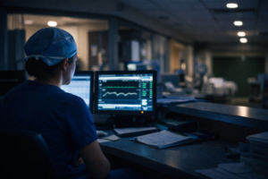 Labor and delivery nurse working a high-acuity night shift in a hospital setting