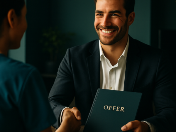 A professional recruiter offers a job offer folder to a healthcare professional in scrubs, symbolizing career opportunities through Onyx & Jasper Healthcare Staffing
